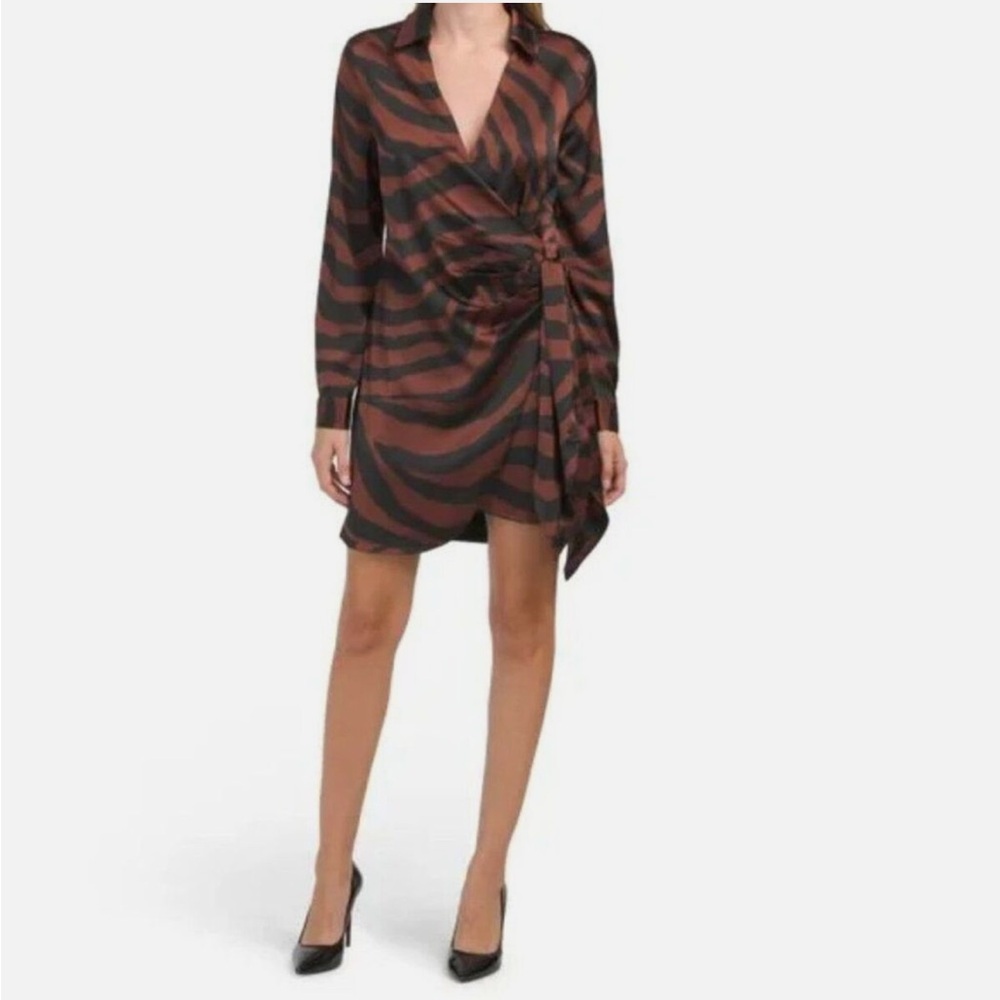 House of Harlow | Brown Zebra Print Satin Long Sleeve Dress | Size Small NWOT